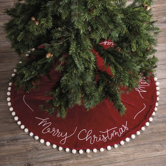 Tree Skirt - Velvet Merry Christmas Tree Skirt with Pom Fringe - 52 inch - Picture 2 of 2